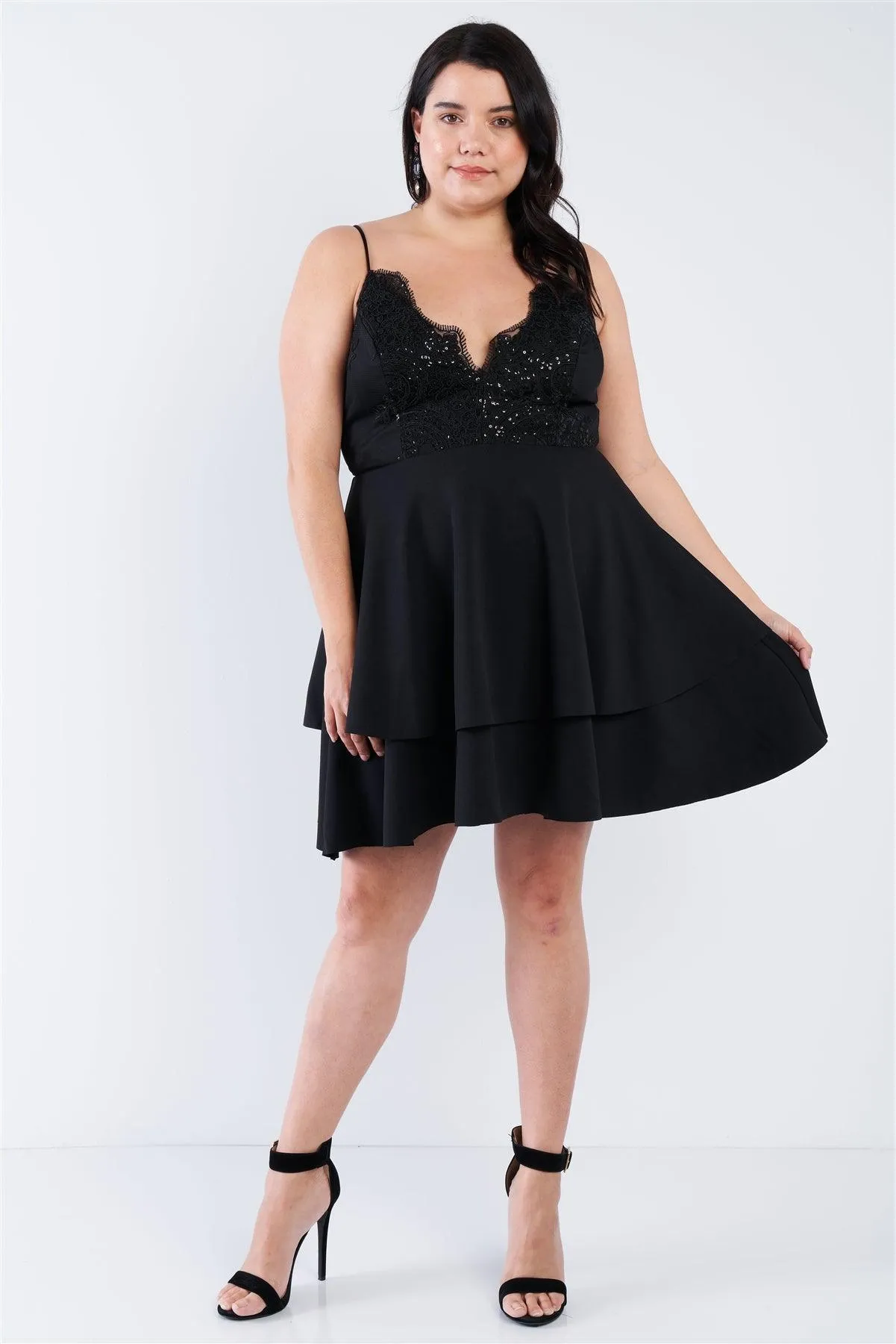 Junior Plus Size Black Lace Embroidered Layered Mini Dress /2-1-1