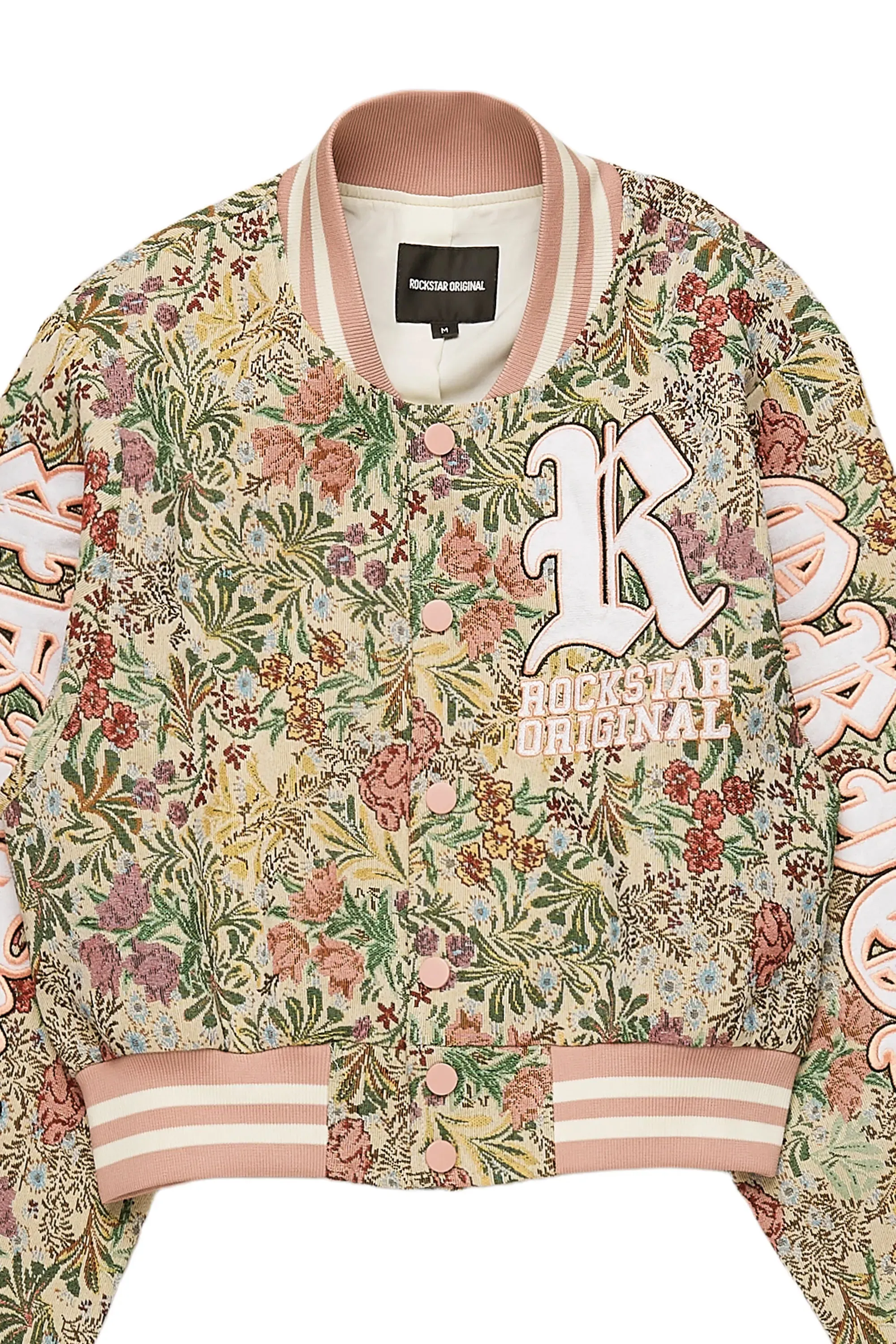 Kyiori Beige Crop Tapestry Varsity Jacket