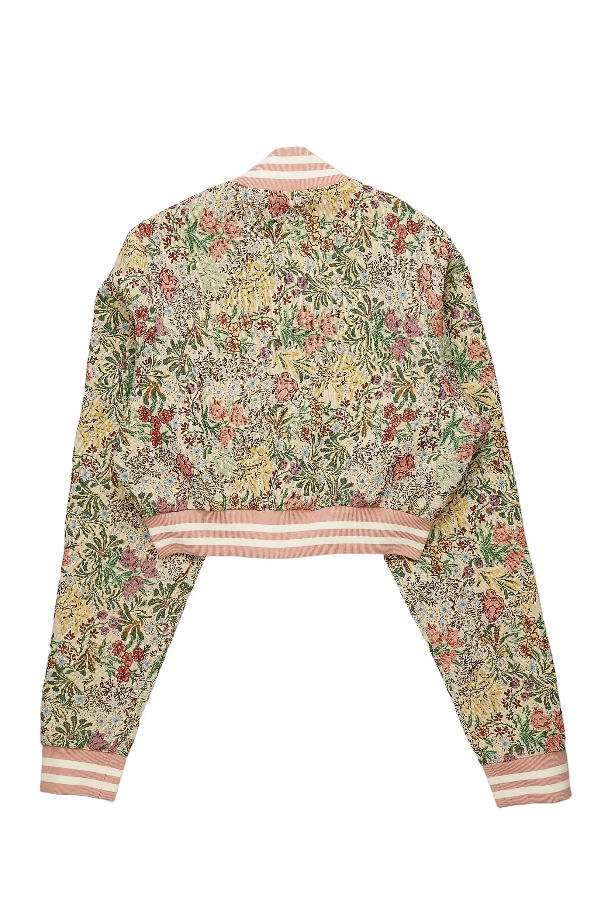 Kyiori Beige Crop Tapestry Varsity Jacket