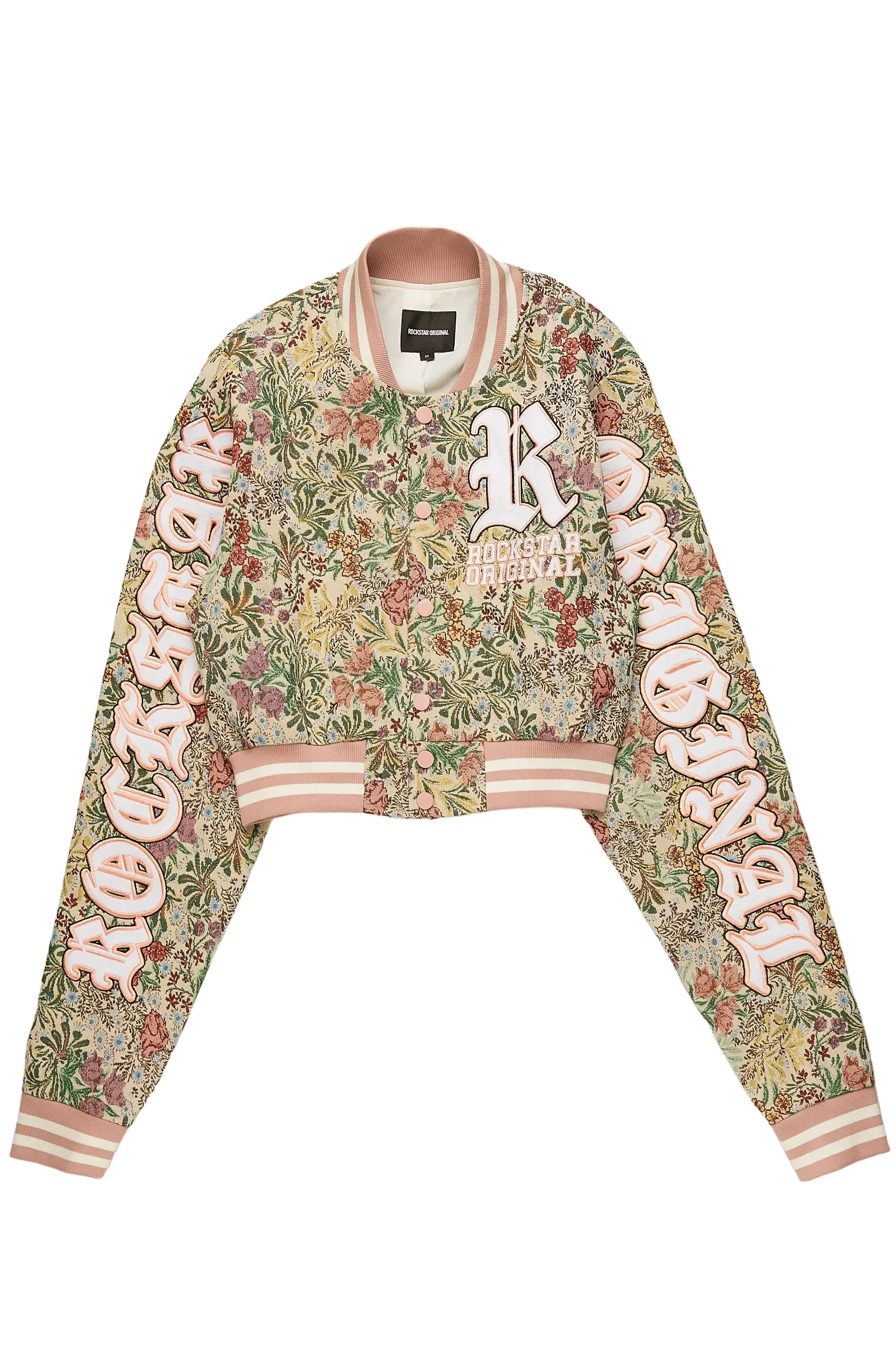 Kyiori Beige Crop Tapestry Varsity Jacket