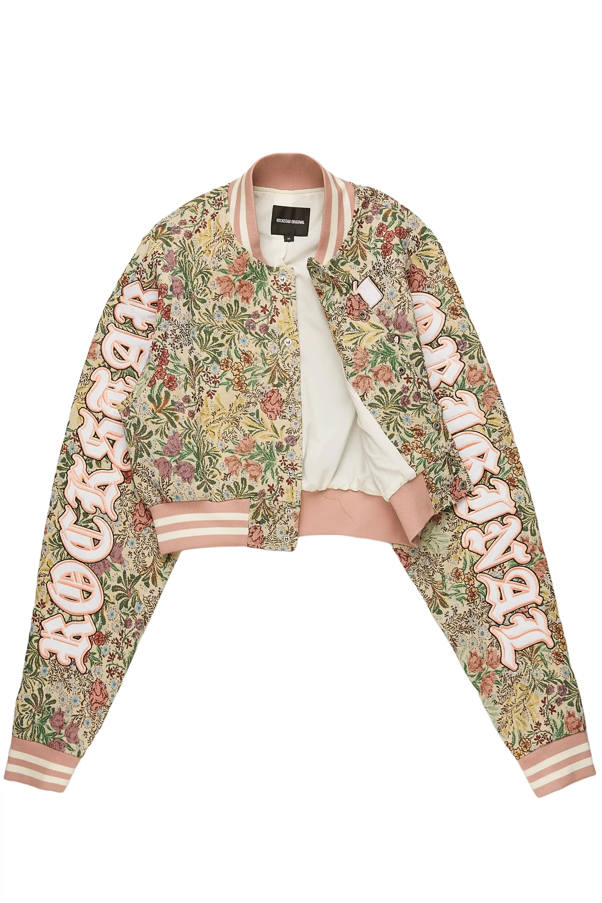 Kyiori Beige Crop Tapestry Varsity Jacket