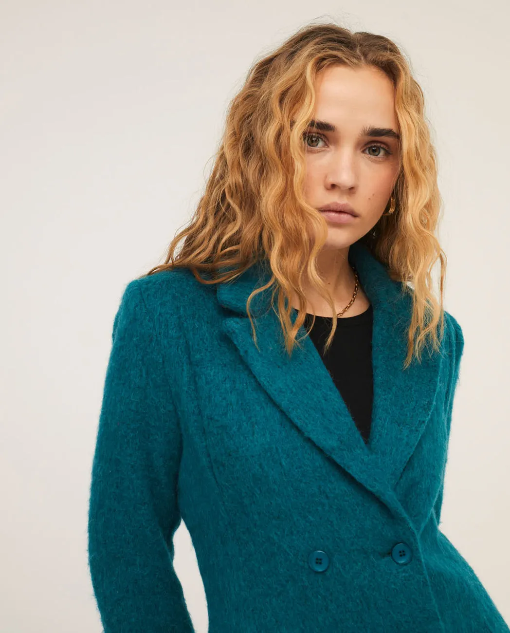 Lange rechte jas | Surkana fitted coat with laper collar petrol blue