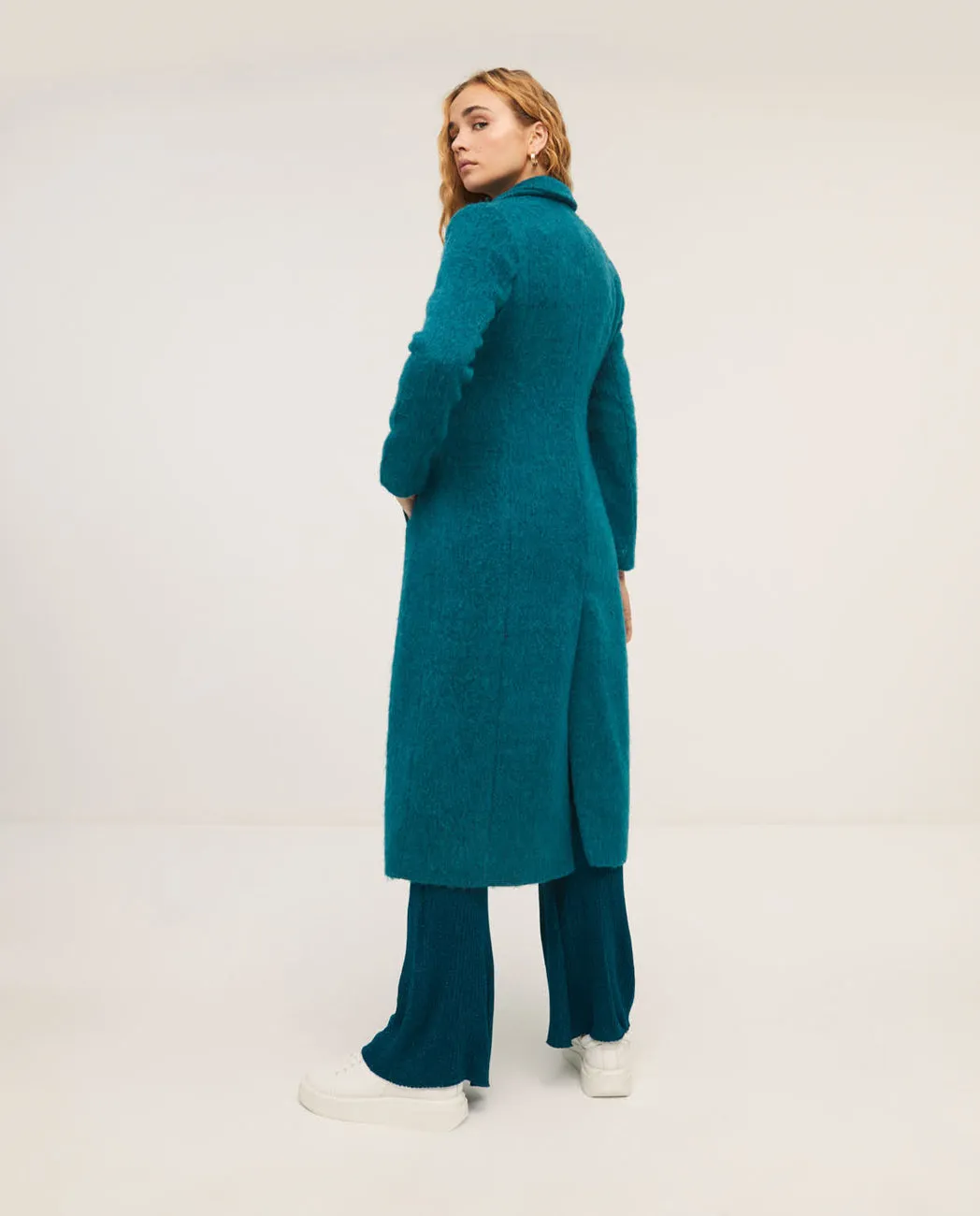 Lange rechte jas | Surkana fitted coat with laper collar petrol blue