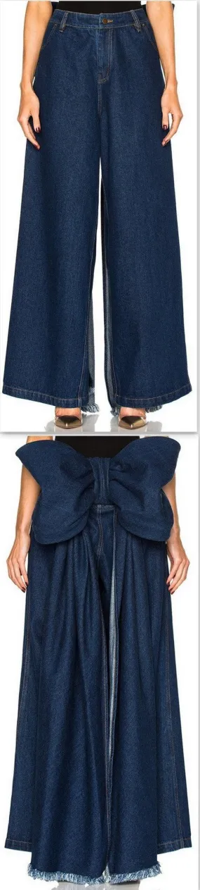 Large Bow Wide-Leg Denim Pants