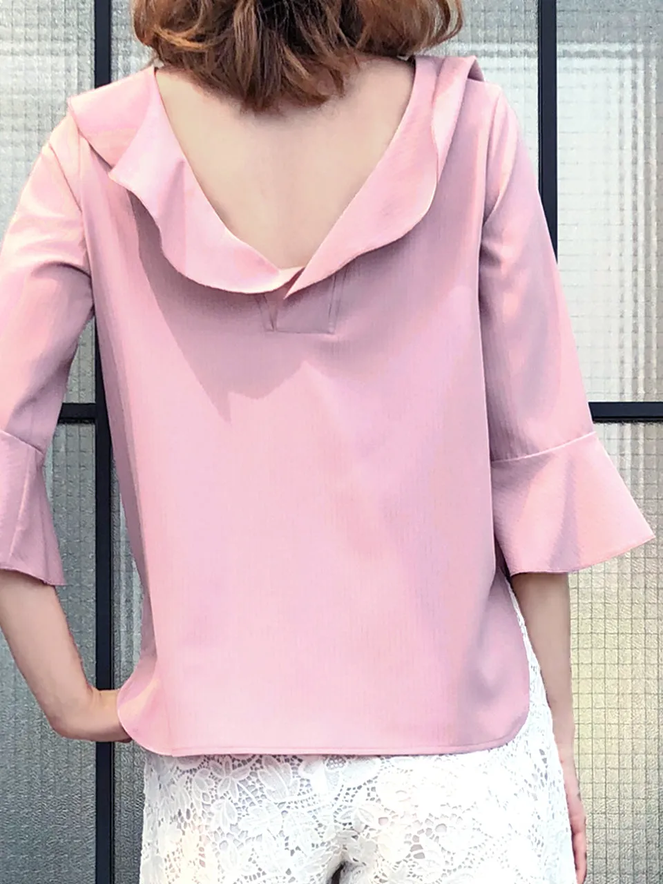 Last Chance! Subtle Striped Pattern Dirty Pink Ruffle Collar Blouse