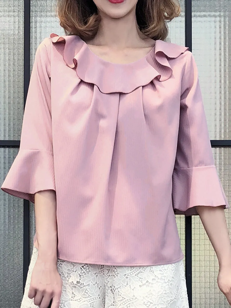 Last Chance! Subtle Striped Pattern Dirty Pink Ruffle Collar Blouse