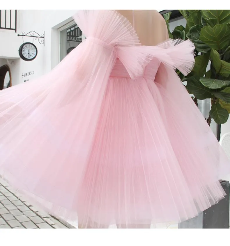 Limited edition double Sun Pleated One-Shoulder Princess layered tulle tutu pink dress - Zack