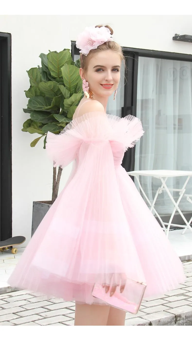 Limited edition double Sun Pleated One-Shoulder Princess layered tulle tutu pink dress - Zack