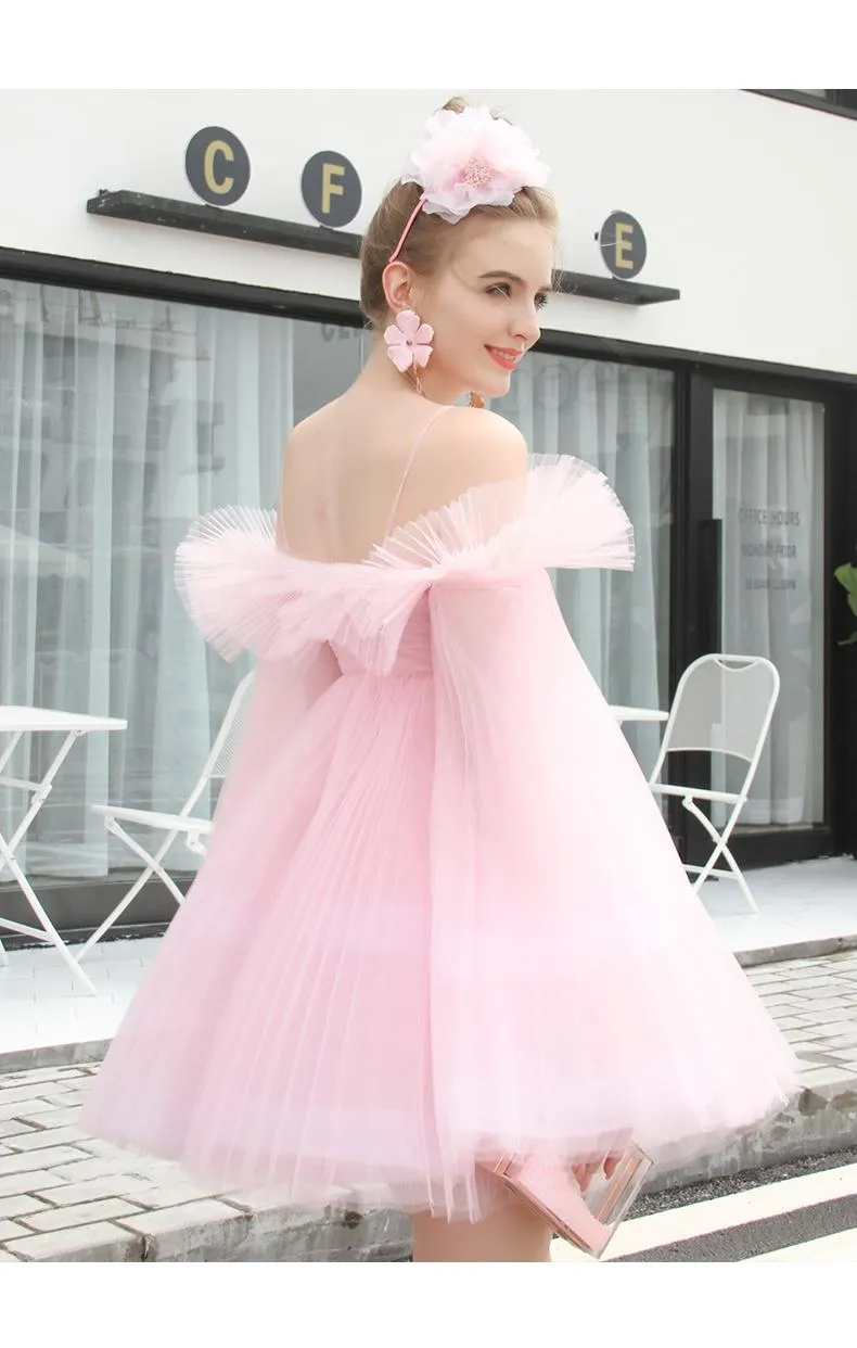 Limited edition double Sun Pleated One-Shoulder Princess layered tulle tutu pink dress - Zack