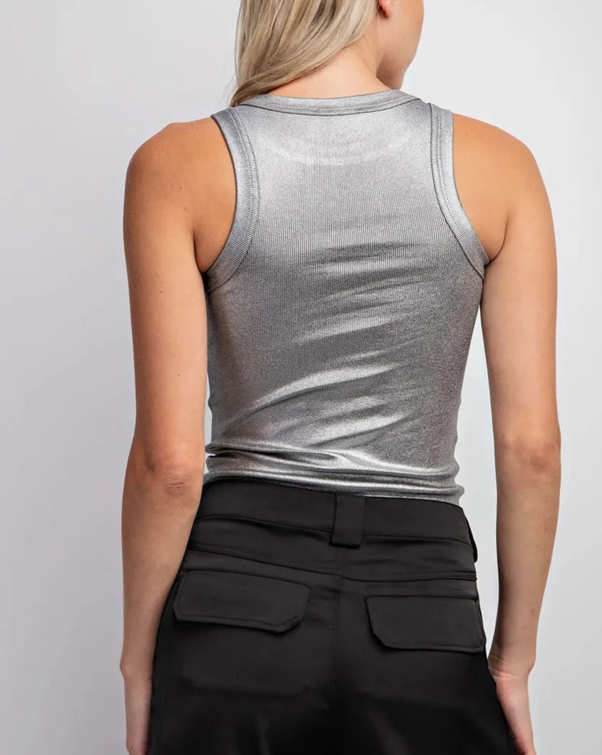 Liquid Silver RIBBED KNIT SLEEVELESS TOP