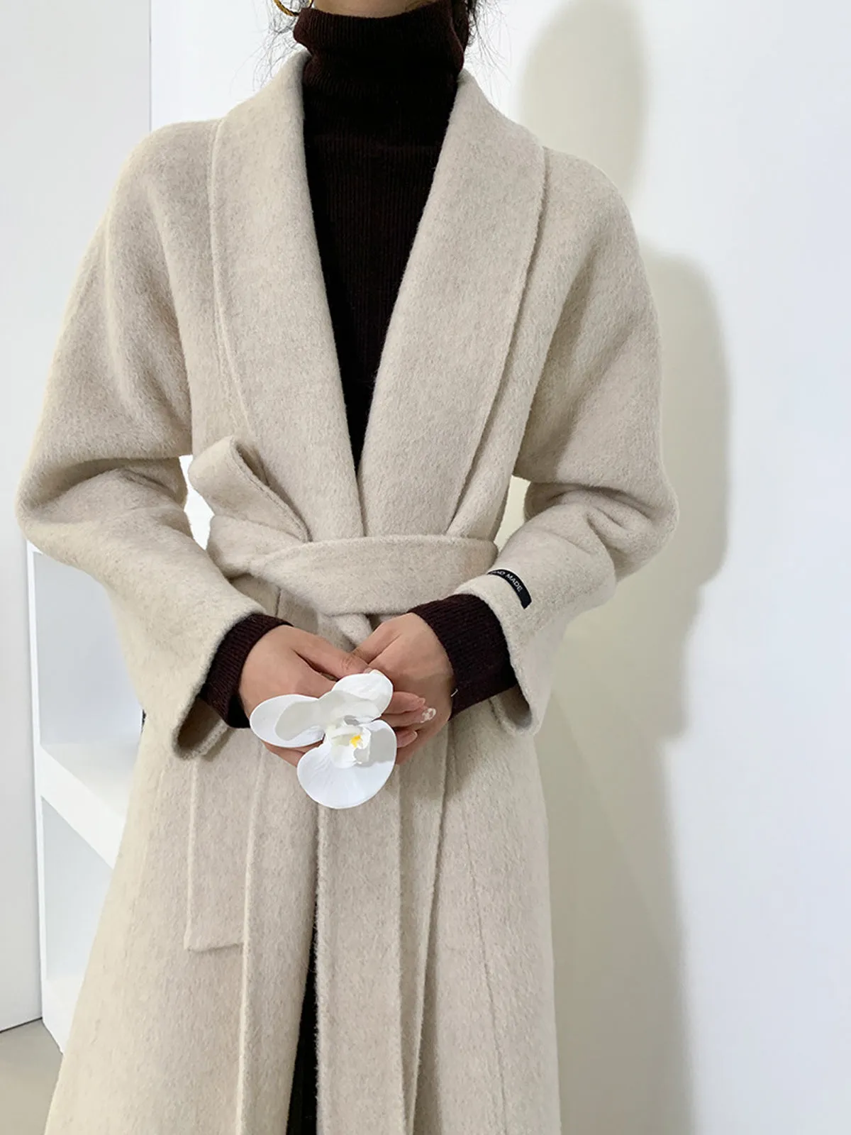 Long Double Face Wool Wrap Belt Coat - Beige