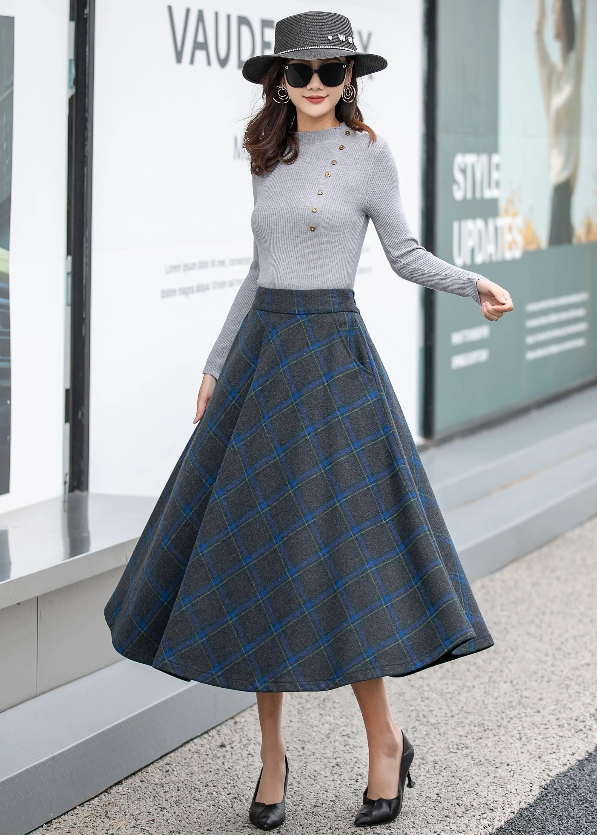 Long Plaid A-Line Wool Skirt 4164 size S # CK2300082