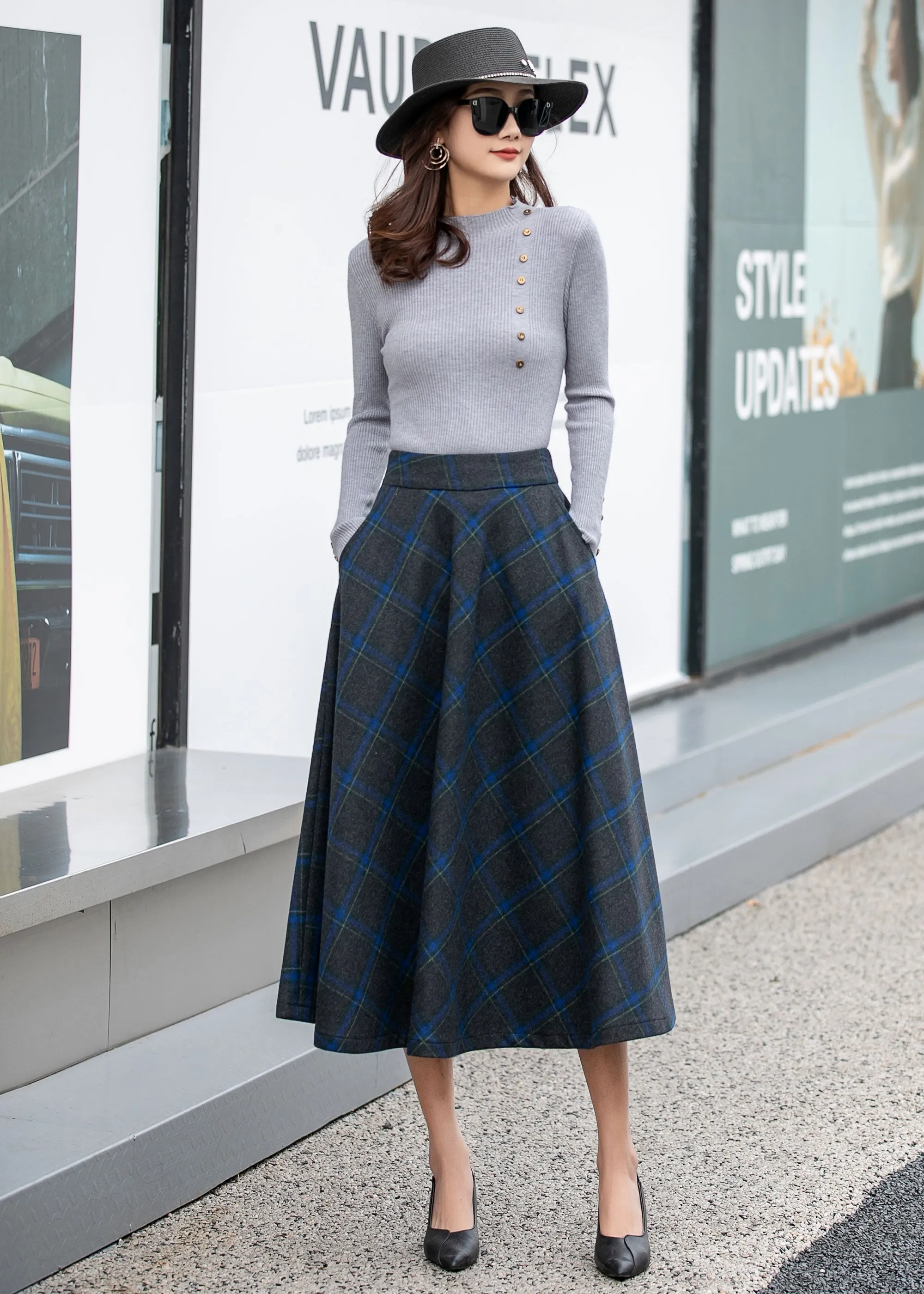 Long Plaid A-Line Wool Skirt 4164 size S # CK2300082