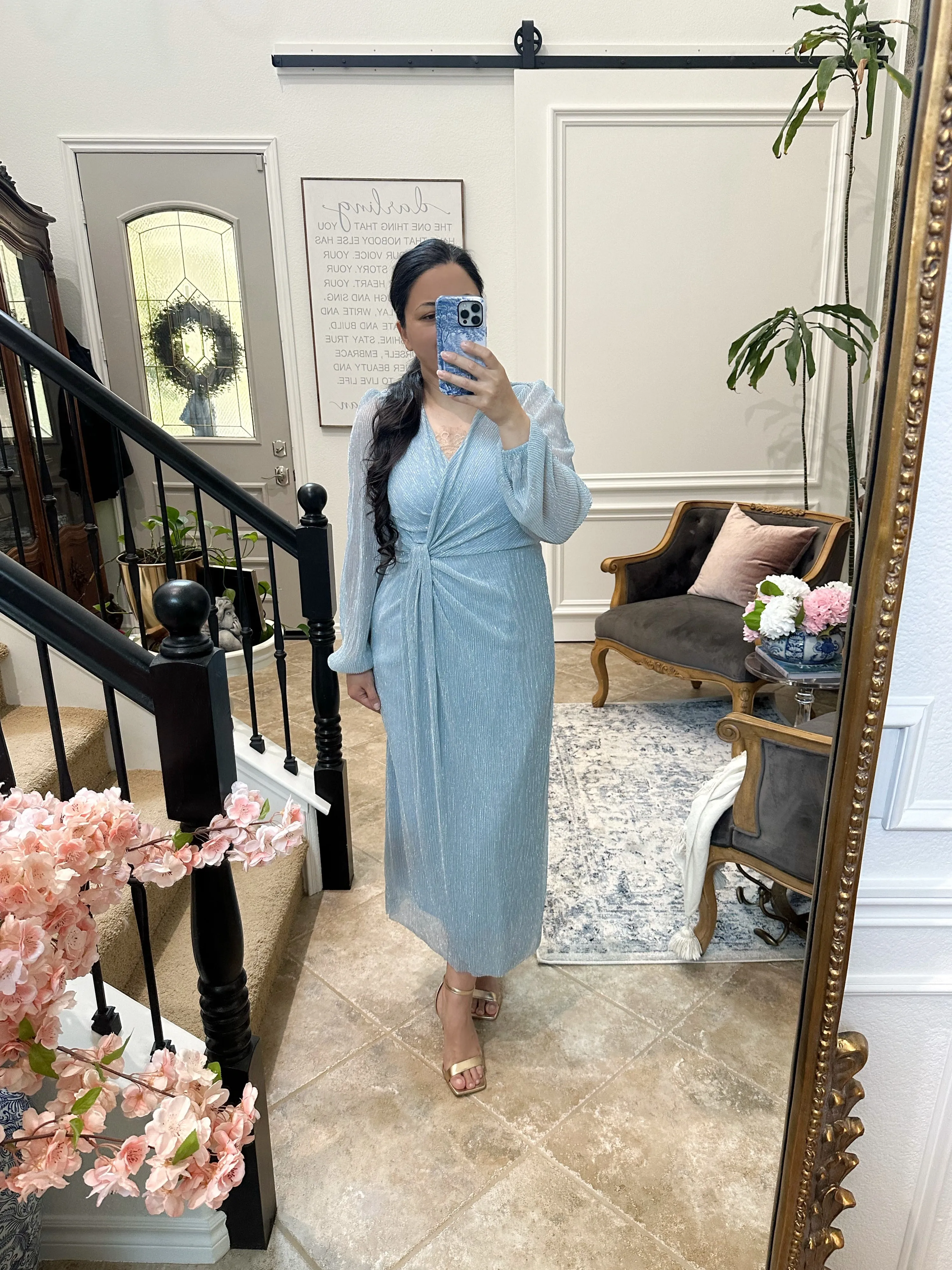 Meadow Light Blue Gold Lurex Faux Wrap Dress