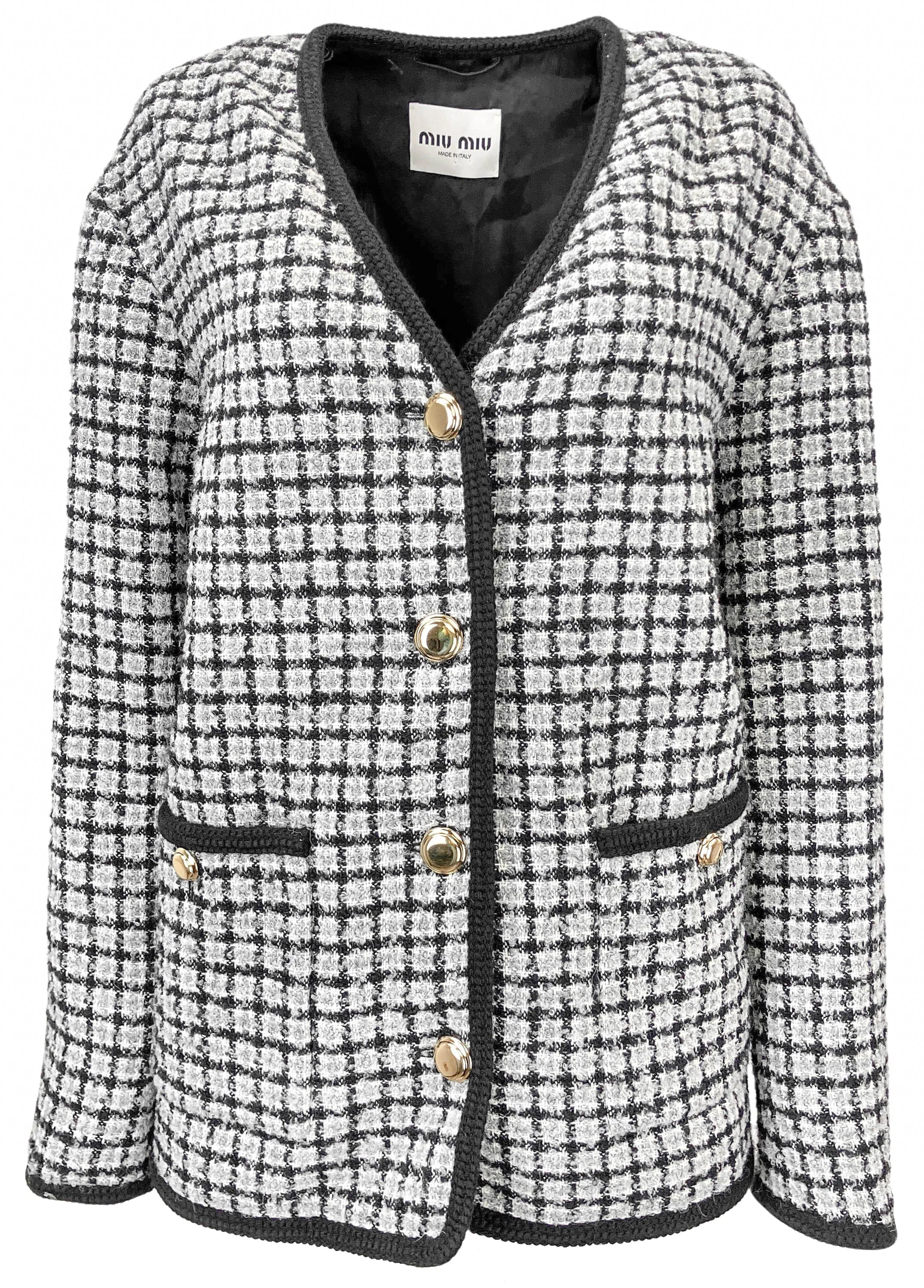 Miu Miu Checked Bouclé and Lamé Cardigan in Black, Grey and White