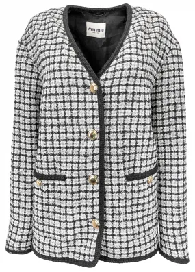 Miu Miu Checked Bouclé and Lamé Cardigan in Black, Grey and White