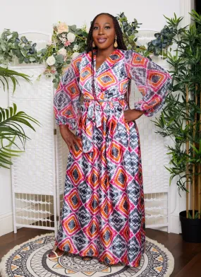 New in Adire multicoloured Silk Print Maxi Dress - Adesuwa