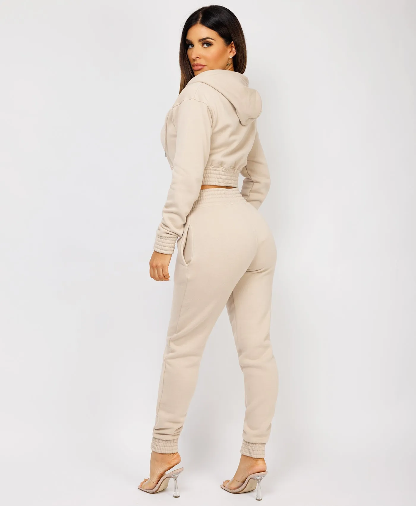 Oatmeal Zipped Cropped Hooded Tracksuit Loungewear Set