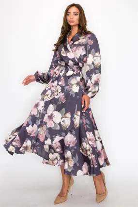 OL24A183-SATIN FLORAL LONG SLEEVE V-NECK WRAP MAXI DRESS