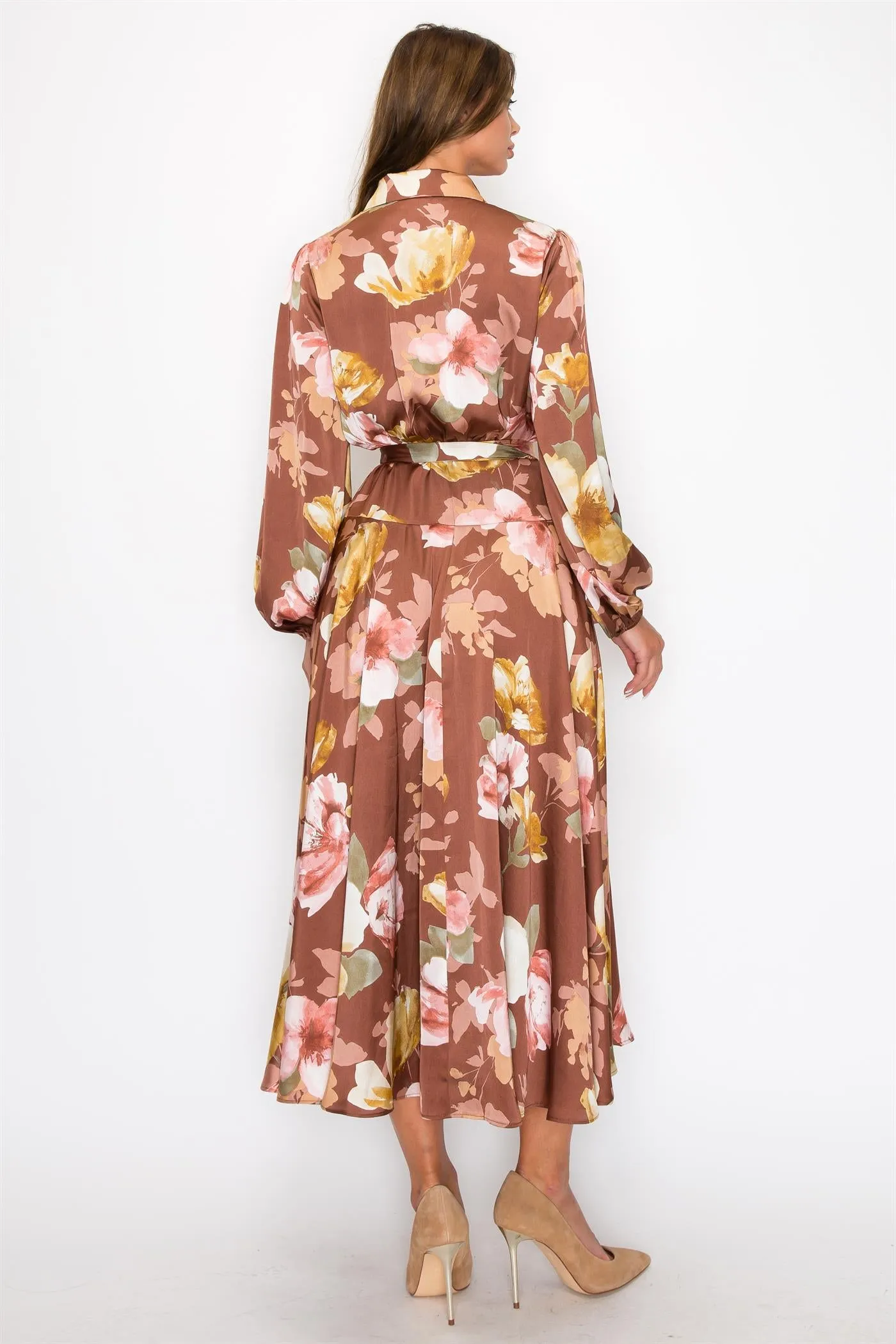 OL24A183-SATIN FLORAL LONG SLEEVE V-NECK WRAP MAXI DRESS