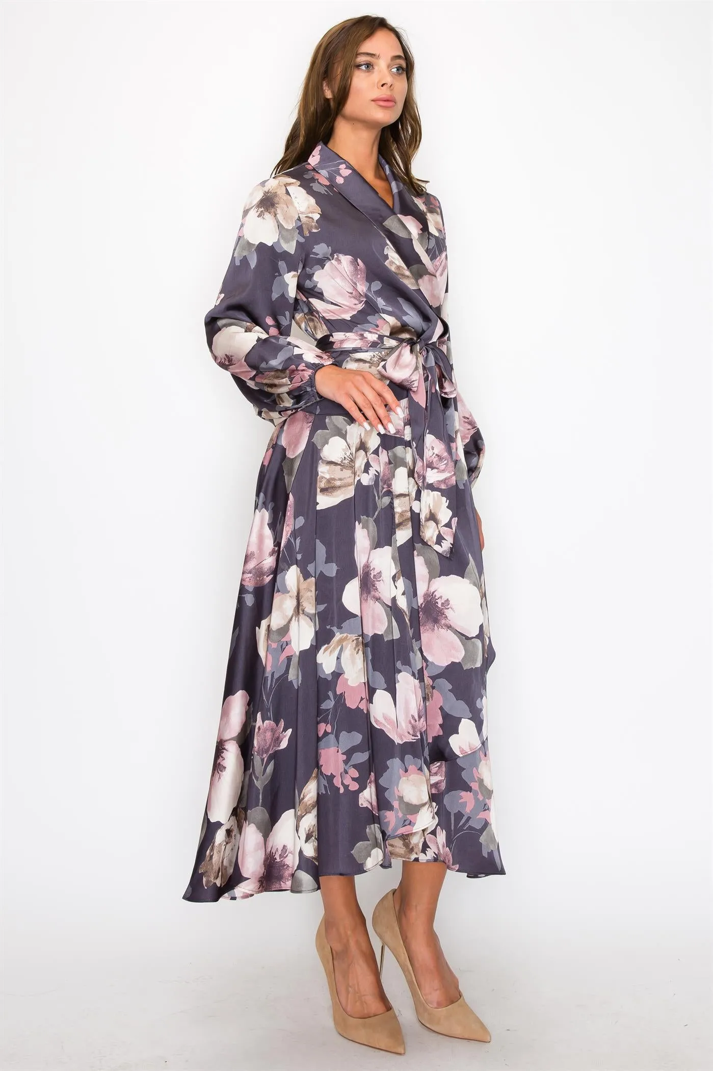 OL24A183-SATIN FLORAL LONG SLEEVE V-NECK WRAP MAXI DRESS