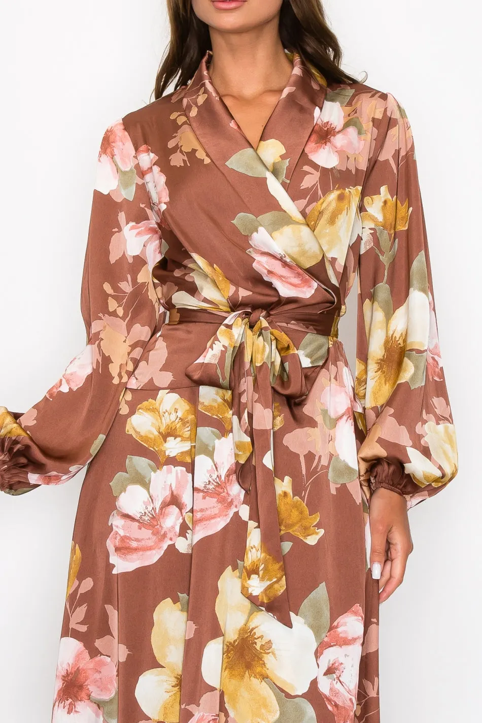 OL24A183-SATIN FLORAL LONG SLEEVE V-NECK WRAP MAXI DRESS