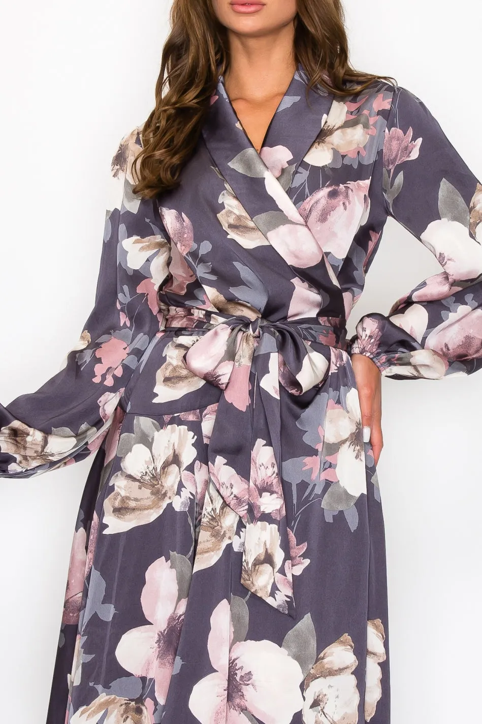 OL24A183-SATIN FLORAL LONG SLEEVE V-NECK WRAP MAXI DRESS