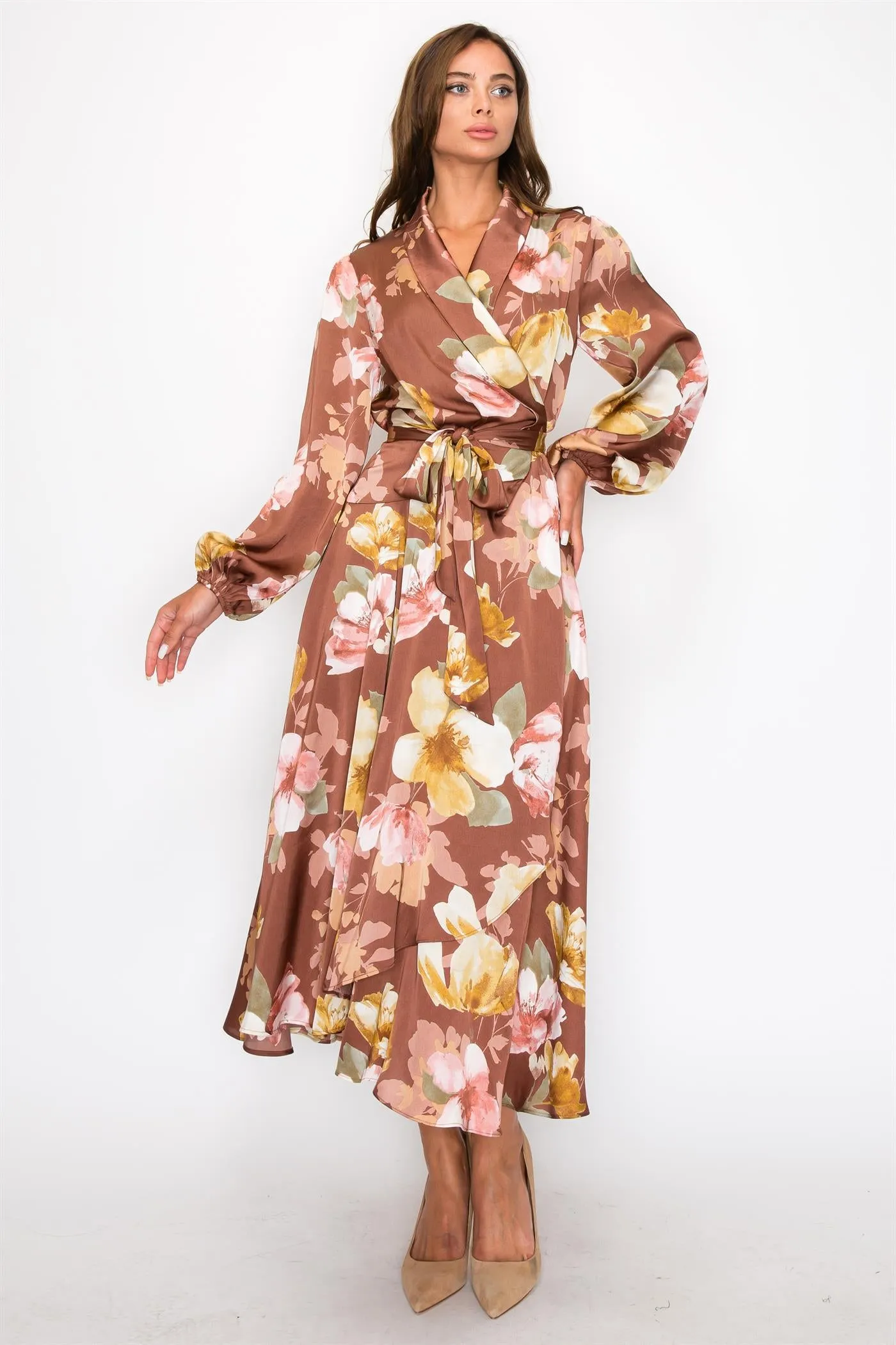 OL24A183-SATIN FLORAL LONG SLEEVE V-NECK WRAP MAXI DRESS