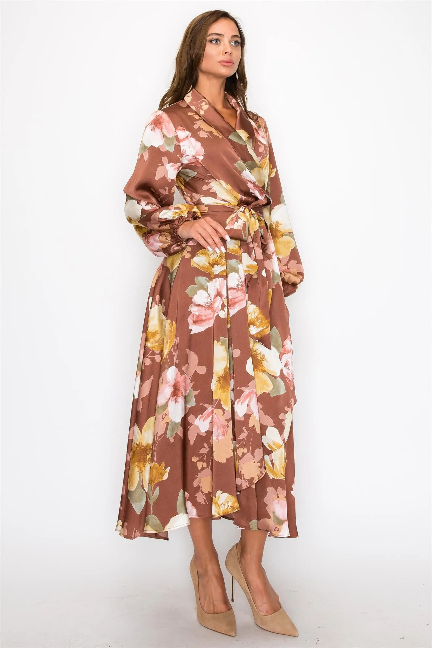 OL24A183-SATIN FLORAL LONG SLEEVE V-NECK WRAP MAXI DRESS