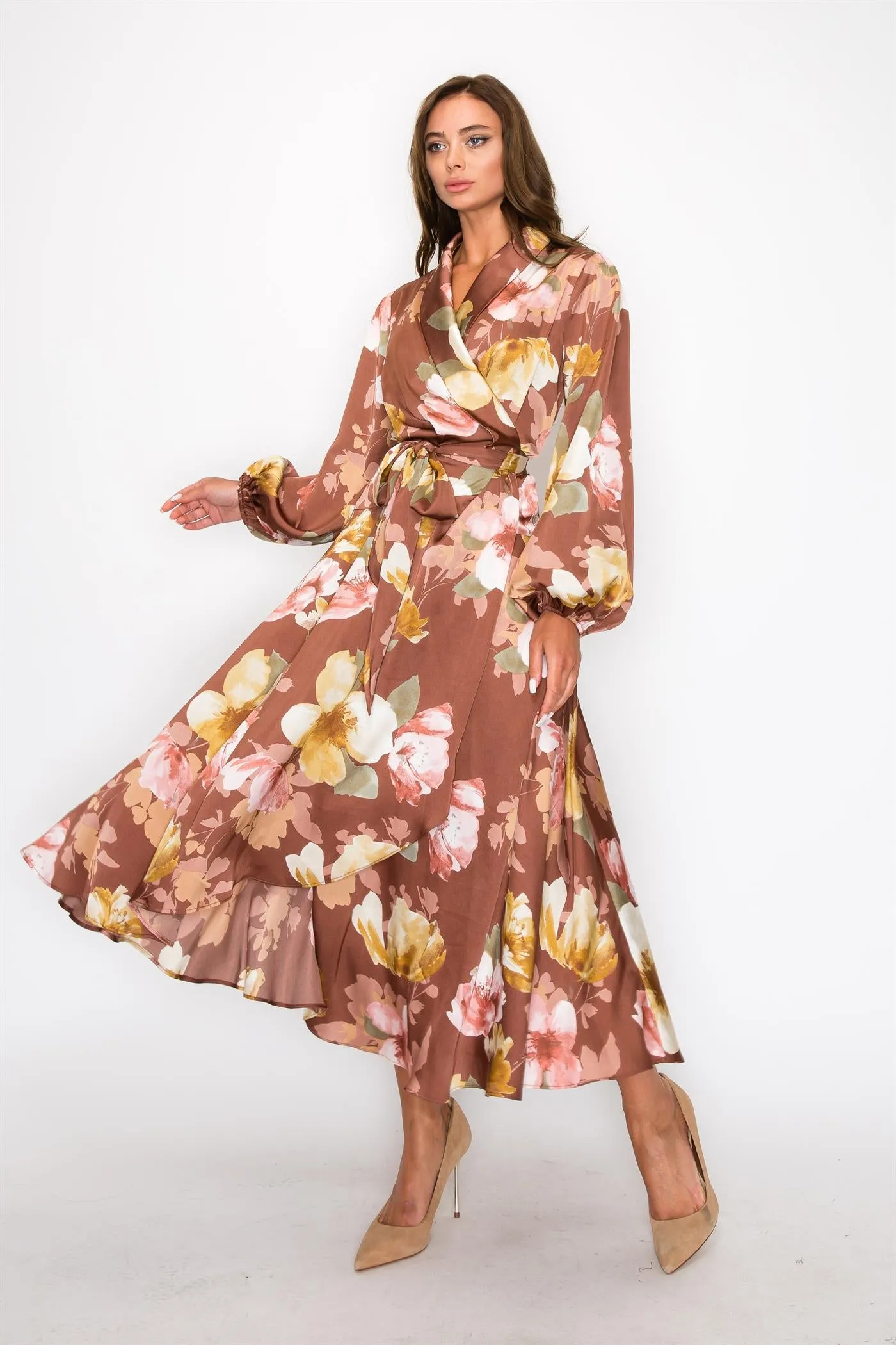 OL24A183-SATIN FLORAL LONG SLEEVE V-NECK WRAP MAXI DRESS