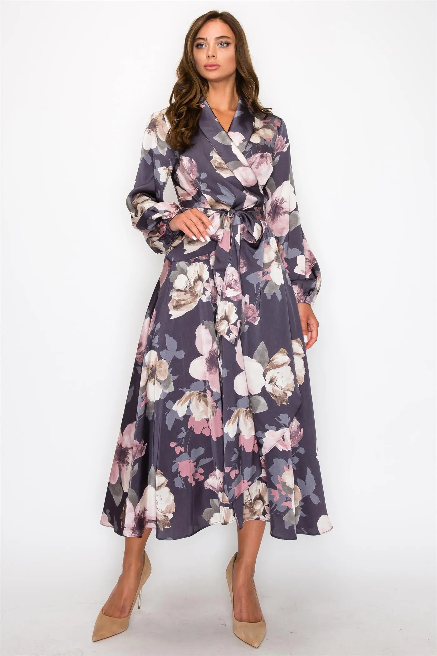 OL24A183-SATIN FLORAL LONG SLEEVE V-NECK WRAP MAXI DRESS