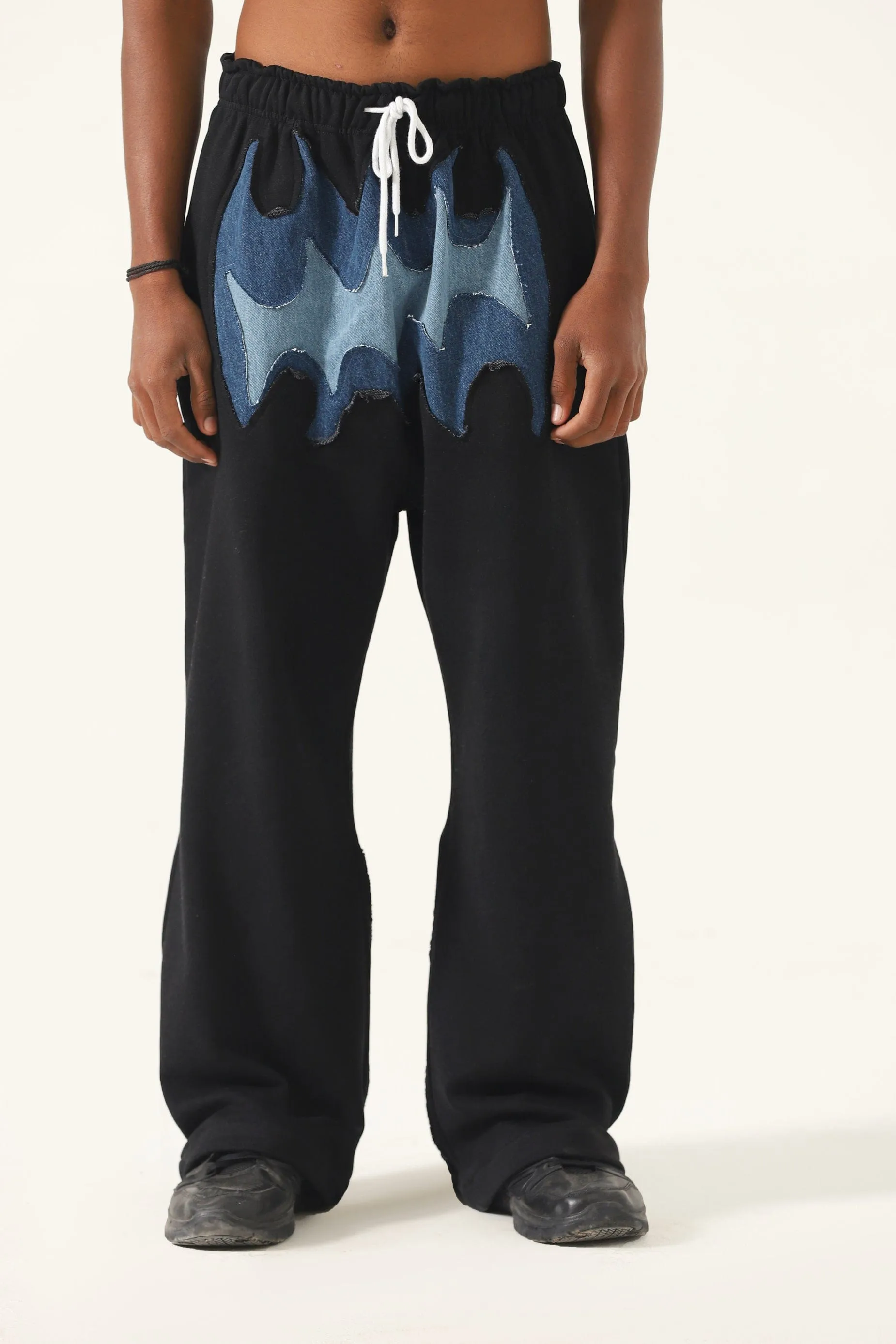 PANELED FLEECE AND DENIM SWEATPANTS