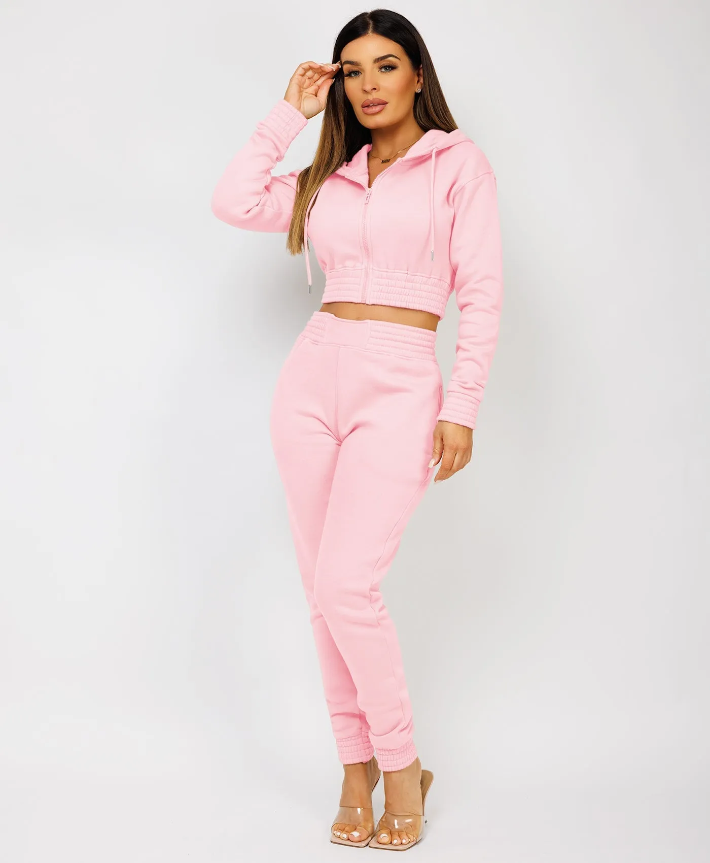 Pink Zipped Cropped Hooded Tracksuit Loungewear Set