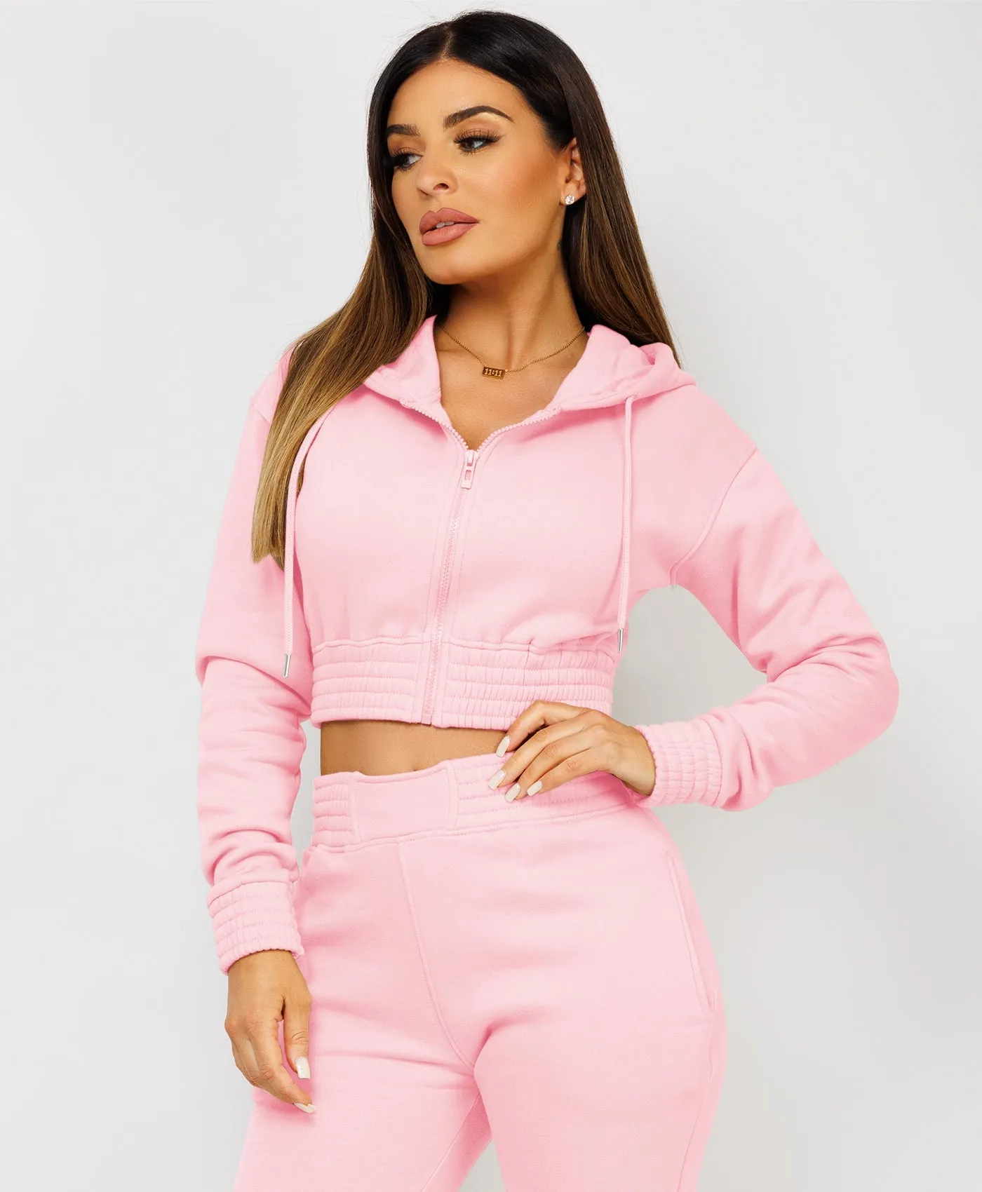 Pink Zipped Cropped Hooded Tracksuit Loungewear Set