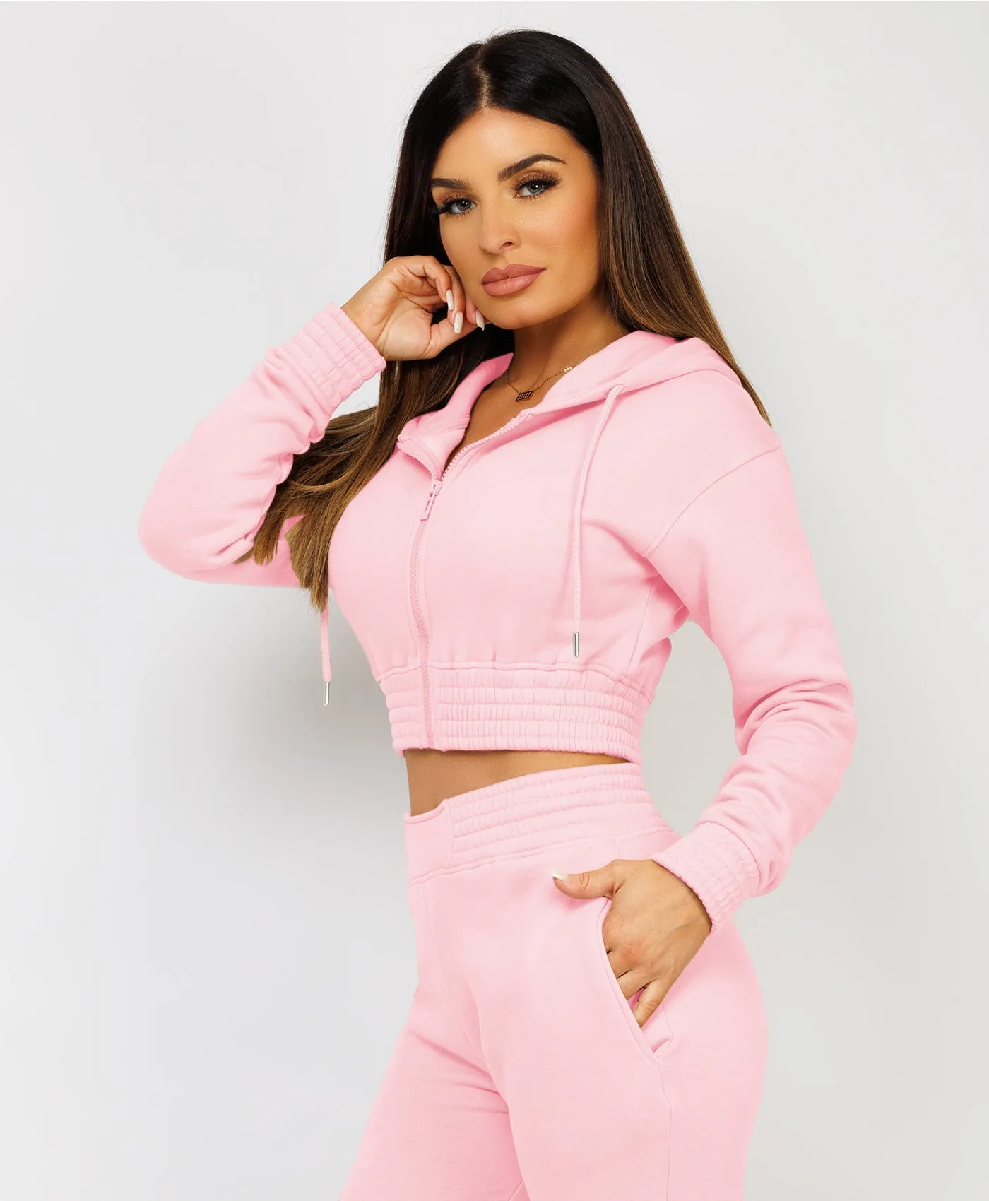 Pink Zipped Cropped Hooded Tracksuit Loungewear Set