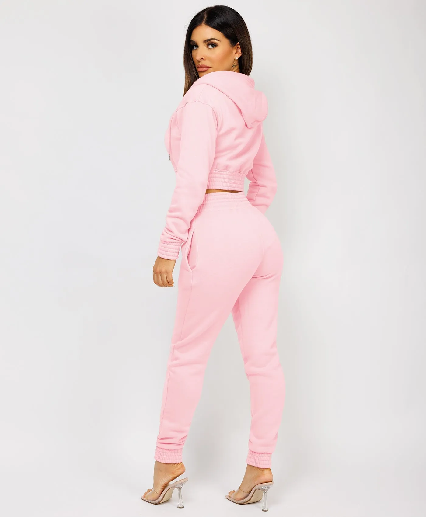 Pink Zipped Cropped Hooded Tracksuit Loungewear Set