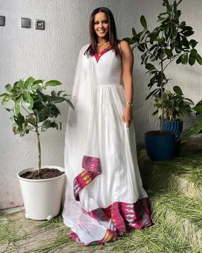 Radiant Pink Patterned Ethiopian Traditional Dress: for Simple and Elegant Habeshan Outfit