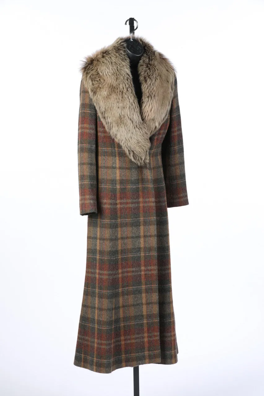 Ralph Lauren Alpaca Wool Plaid Fur Collar Full-Length Coat