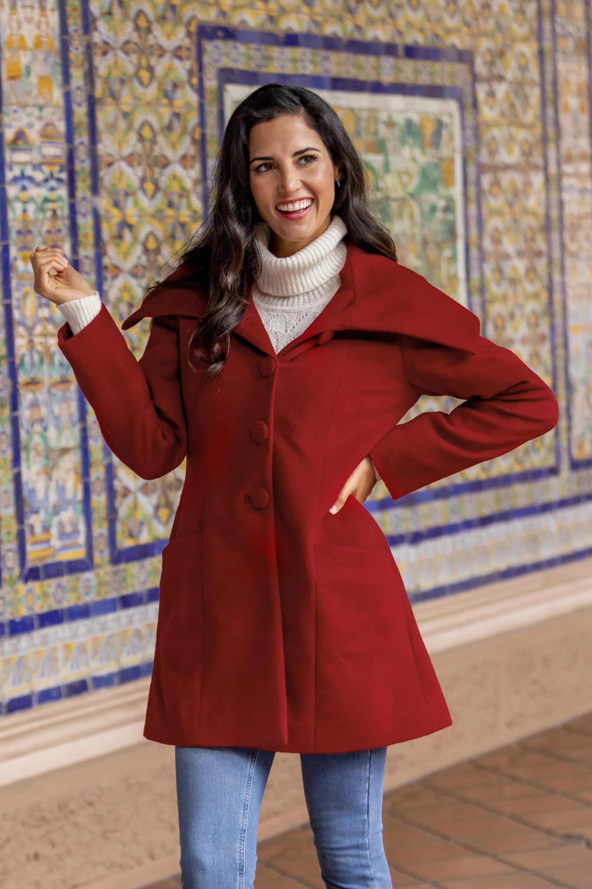 Red Baby Alpaca and Wool Coat with Flared Design from Peru - Red Classic | NOVICA