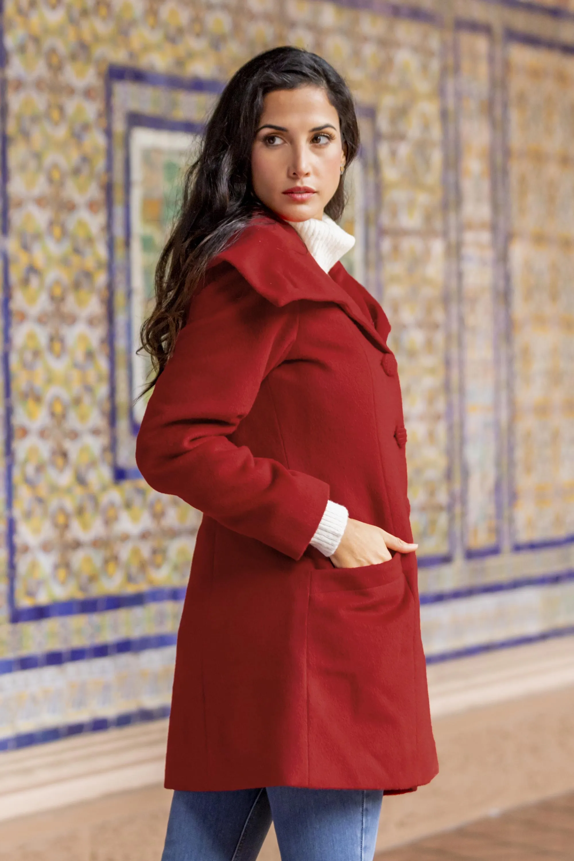 Red Baby Alpaca and Wool Coat with Flared Design from Peru - Red Classic | NOVICA