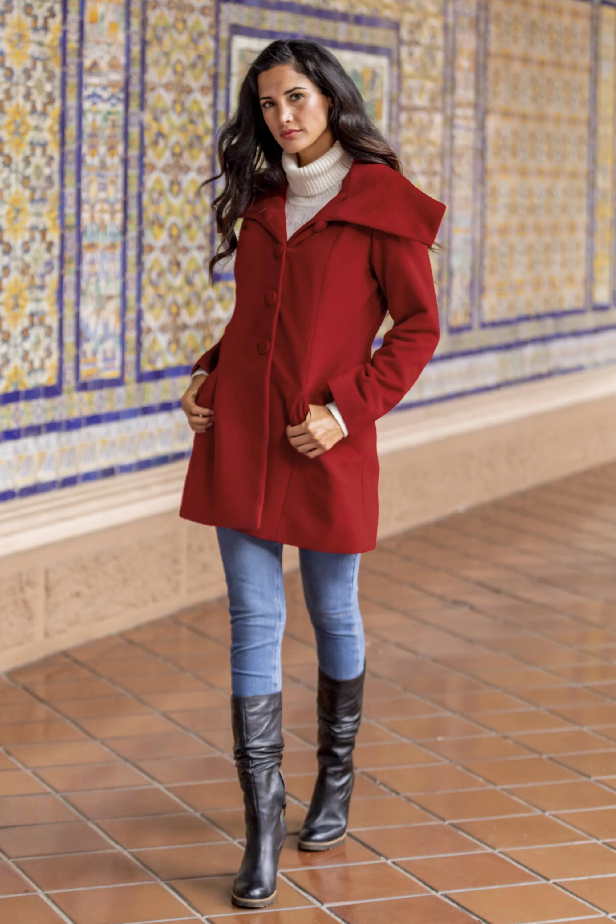 Red Baby Alpaca and Wool Coat with Flared Design from Peru - Red Classic | NOVICA