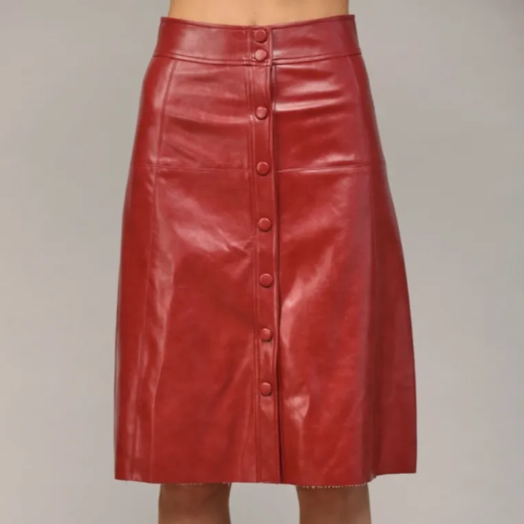 Retro Rebel Front Button Closure Faux Leather Midi Skirt