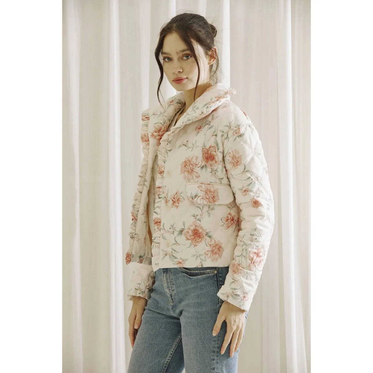 Rose Print Quilted Puffer Jacket