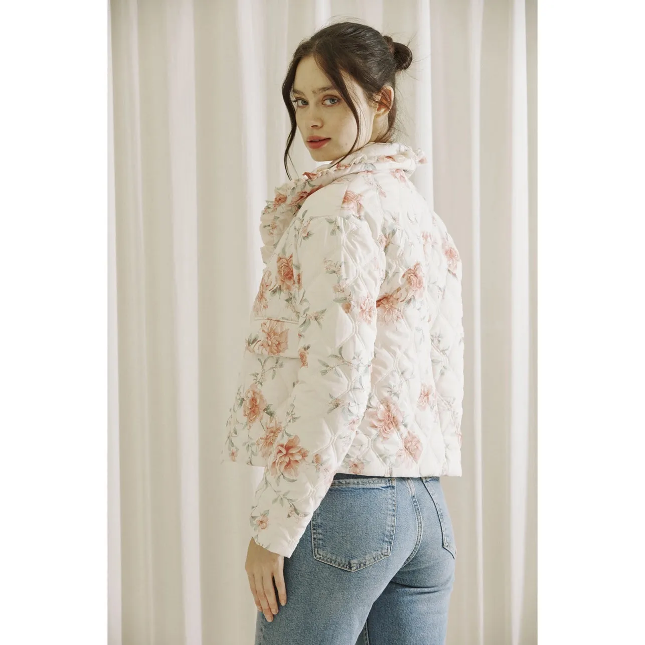 Rose Print Quilted Puffer Jacket