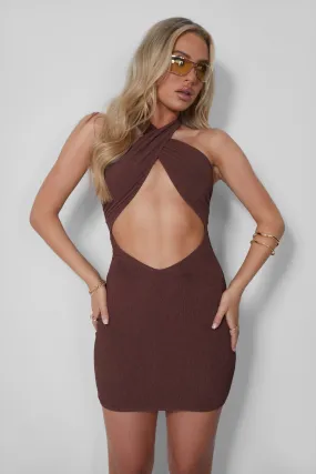 Scrunch Halter Wrap Ruched Beach Dress Chocolate