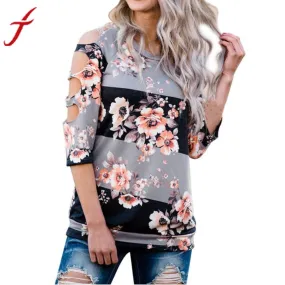 Sexy Hole T-shirt Women Off Shoulder Shirt Casual Loose Tops Ladies Floral Printing Multicolor 2017 Hot Summer Shirt	Femme