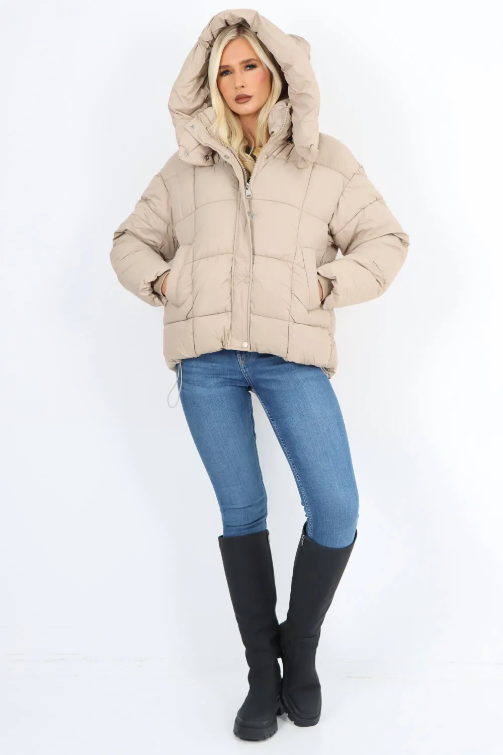 Side Pocket Padded Hooded Long Sleeve Short Jacket