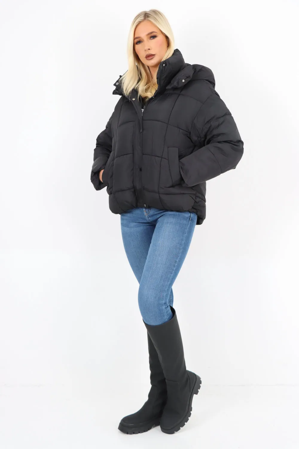 Side Pocket Padded Hooded Long Sleeve Short Jacket