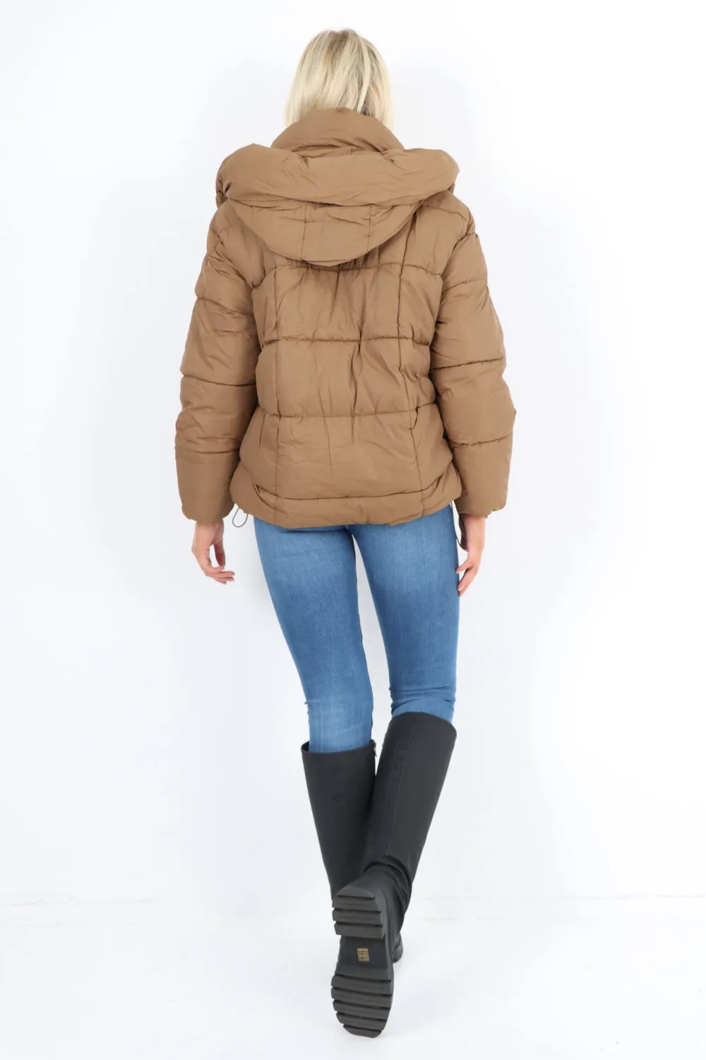 Side Pocket Padded Hooded Long Sleeve Short Jacket