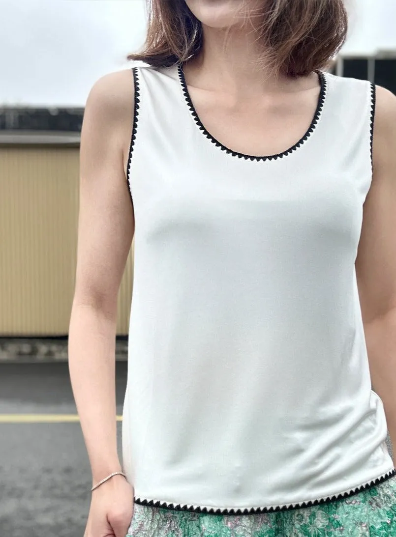 Silky White Contrast Scallop Trim Jersey Tank